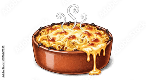 hot macaroni and cheese dish illustration with melted cheesy pasta