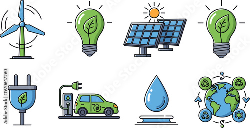 Renewable Energy Icons Set Featuring Wind Turbine, Solar Panels, Electric Car, Water Drop, and Eco-Friendly Earth Illustrations