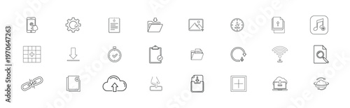 Digital technology and data management outline icons set including file download upload cloud computing storage mobile interaction sync wifi magnifying glass settings folder document link.