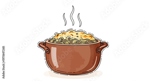 Illustration of a steaming hot casserole dish with handles