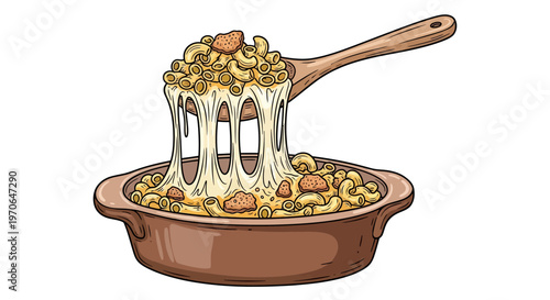 cartoon baked macaroni and cheese dish with spoon