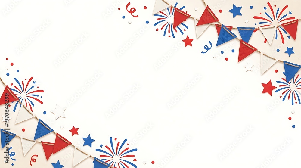 Obraz premium Patriotic red, white, and blue bunting flags and fireworks border on light background.