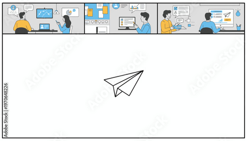 Paper Airplane Flying Over Business Team Collaboration and Digital Marketing Strategy