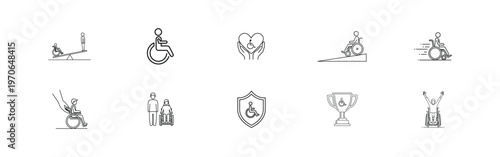 Disability and accessibility vector line icons set outline symbols for inclusion support care and wheelchair user assistance collection.
