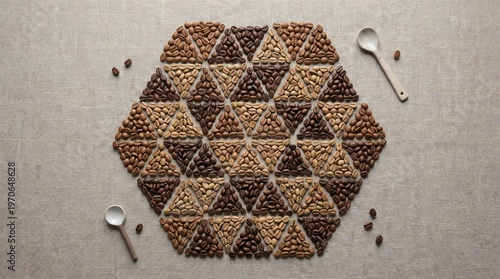 Creative Geometric Pattern Made of Coffee Beans on Fabric Background