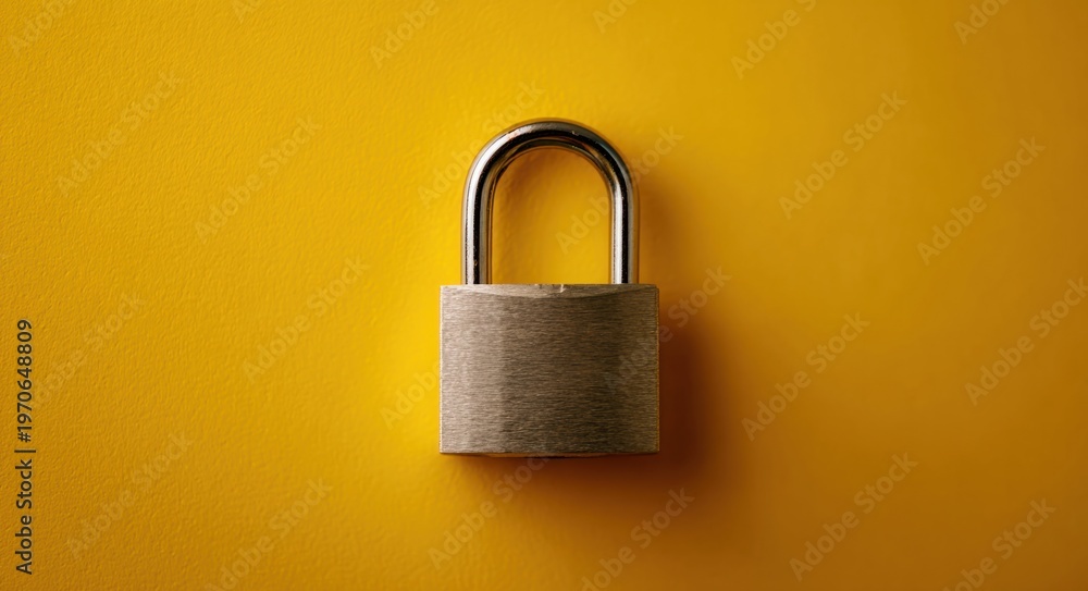 Fototapeta premium A gray padlock with a silver shackle on a vibrant yellow background in minimalist style