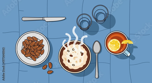 Colorful illustration of breakfast foods on a table
