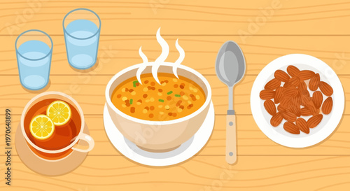 Colorful illustration of a table setting with soup, beans, and drinks
