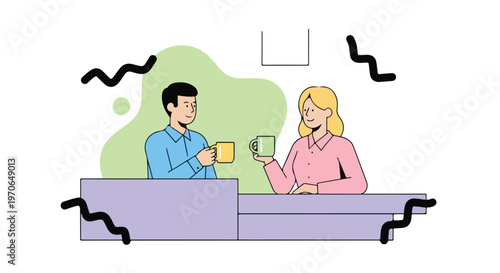 A man in a blue shirt and a woman in a pink shirt sit at a purple counter, holding colorful mugs while having a friendly and casual conversation.