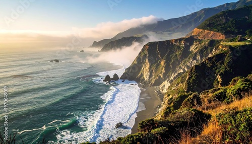 Scenic coastal cliffs meet ocean waves under a misty sky at sunrise
