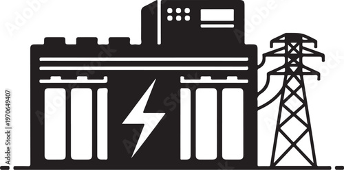 Industrial power plant, electricity generation, transmission tower, black and white vector icon