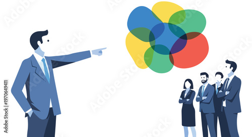 A businessman in a blue suit points towards a vibrant cluster of overlapping speech bubbles while a group of colleagues watches.