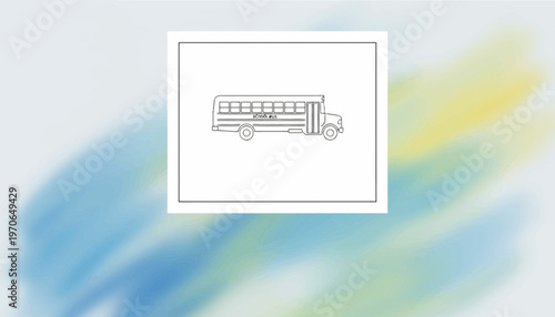 Minimalist line art of a school bus on a white background with abstract colorful background
