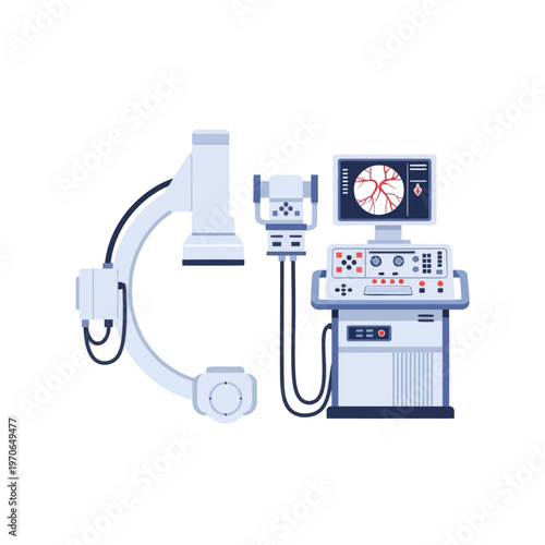 C-Arm Fluoroscopy X-Ray Machine Vector Illustration, Medical Imaging Equipment for Surgical Procedures in a Modern Hospital Setting, Diagnostic Radiology Technology