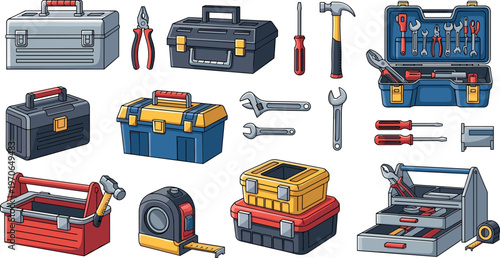 Toolbox and Hand Tools Vector Set with Wrench, Hammer, Screwdrivers, and Repair Equipment