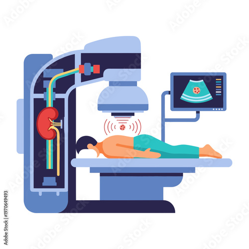 Conceptual illustration of a patient undergoing a kidney ultrasound examination, demonstrating advanced medical diagnostic technology for renal health assessment and screening