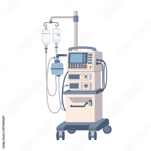 Medical Ventilator Machine Vector Illustration, Hospital Intensive Care Unit Equipment for Respiratory Support and Critical Patient Monitoring in Flat Design Style