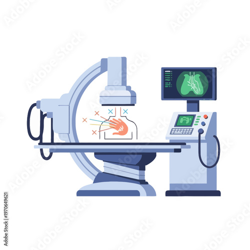 Medical X-ray Imaging Machine Vector Illustration Featuring Radiography Scanner Equipment for Hospital Diagnostics and Clinical Healthcare Radiology Procedures