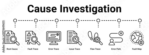 Cause Investigation web banner icon vector illustration concept for business with icon of Root Cause, Fault Trace, Error Trace, Issue Trace, Flaw Trace, Error Path, Fault.