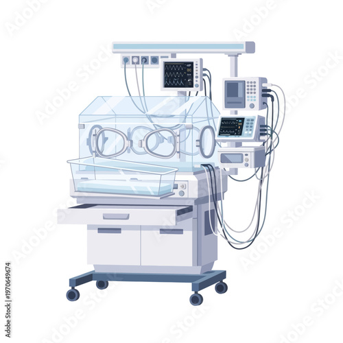 Neonatal Intensive Care Unit Incubator Vector Illustration, Modern Medical Equipment for Premature Infants in Hospital Nursery, Clinical Life Support System Design