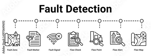 Fault Detection web banner icon vector illustration concept for business with icon of Fault Zone, Fault Marker, Fault Signal, Flaw Check, Flaw Point, Flaw Alert, Flaw.