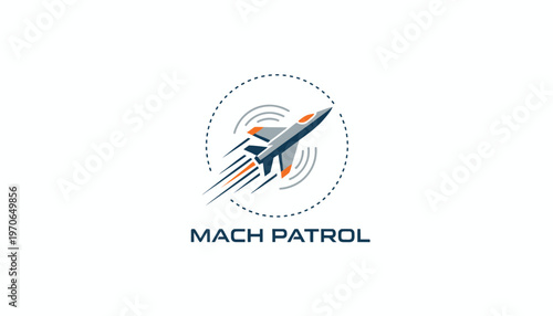 Mach Patrol Logo: Futuristic Jet Ascending in Circular Motion, Speed and Technology Concept