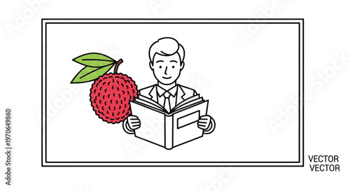 Man Reading Book Next to Lychee Fruit with Leaves, Business Lifestyle Concept