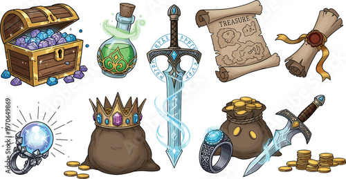 Treasure and Fantasy Icon Set with Gems, Sword, Crown, Potion, Map, Coins, and Magic Items for Adventure and Fantasy Design
