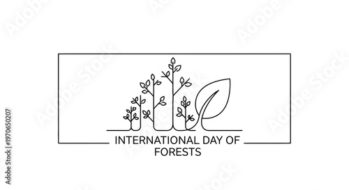 International Day of Forests logo with growing trees and leaf, minimalist line art