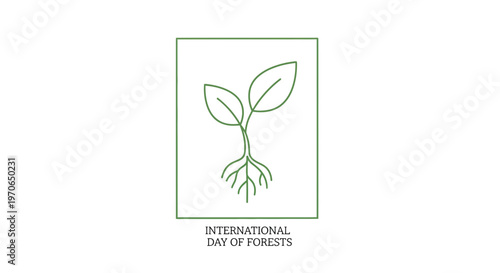 International Day of Forests seedling icon with roots and leaves, green outline on white background