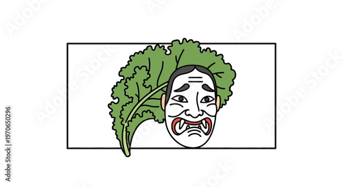 Japanese Noh Mask and Green Leaf: A Surreal Combination