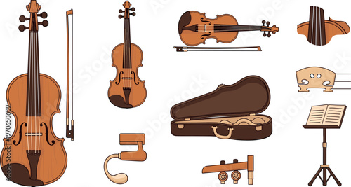 Violin Instrument Vector Set with Bow, Case, Stand, Shoulder Rest, and Accessories for Classical Music, Orchestra, and Performance Design