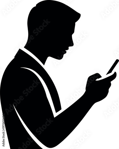 Man using smartphone silhouette minimal black vector illustration for mobile communication social media messaging and digital technology concept useMan using smartphone silhouette minimal black v