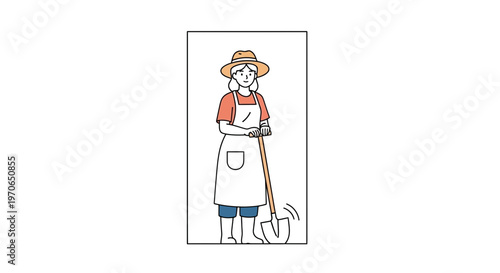 Gardener Woman with Shovel, Wearing Hat and Apron, Ready to Dig in Garden
