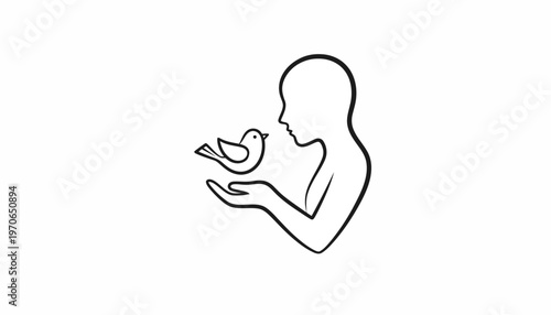 Gentle human silhouette cradles a small bird in open hands, symbolizing care and nature connection.