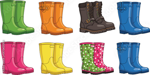 Set of Colorful Rubber and Hiking Boots in Different Styles and Patterns for Footwear, Fashion, and Outdoor Designs
