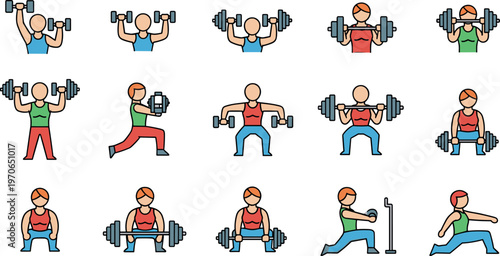 Weightlifting Exercise Vector Set with Dumbbell Workouts, Strength Training, and Fitness Poses