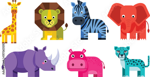 Photography Wild Animal Characters Set Featuring Giraffe, Lion, Zebra, Rhino, Elephant, Hipp