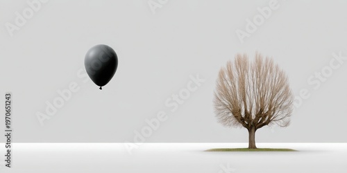 Black balloon floats above a solitary tree in a minimalist landscape, showcasing a stark contrast between nature and artificial elements, evoking feelings of solitude and reflection