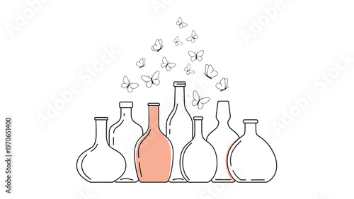 Elegant line art illustration featuring various glass bottles with a swarm of delicate butterflies emerging from the openings.