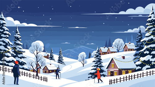 Picturesque winter village at night featuring snow-covered houses, pine trees, skiers, and a dark starry sky in flat design.