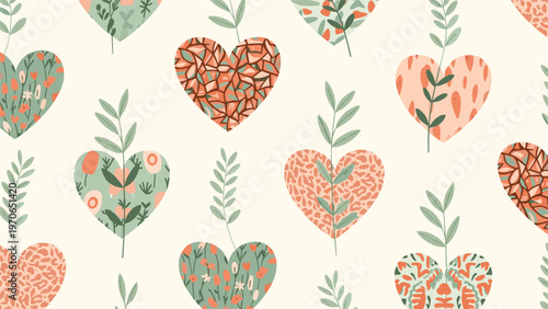 Beautiful seamless pattern featuring decorative hearts filled with floral, mosaic, and animal print motifs on a cream background.