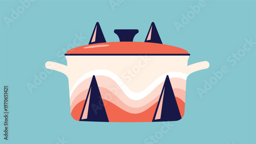 Stylish cooking pot with a lid featuring vibrant orange wavy patterns and dark geometric shapes on a light blue background.