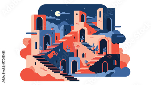 Surreal architectural illustration of a city at night with complex stairs, archways, and potted plants under a full moon.