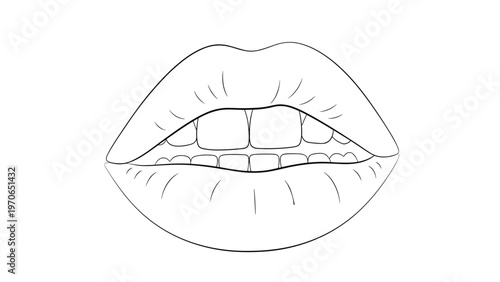 Close-up line art illustration of human lips slightly open to reveal the front teeth, drawn in a clean and detailed sketch style.
