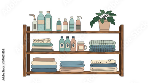 Wooden storage shelf unit organized with folded towels, various toiletries bottles, and a green potted plant in a minimal style.