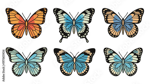 Collection of six beautifully detailed butterflies with varying wing patterns and vibrant colors like orange, blue, and cream.