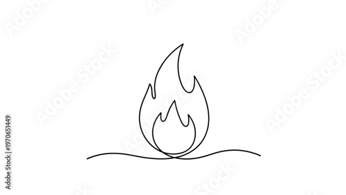 Minimalist single continuous line drawing of a small flickering flame representing heat, energy, or a burning fire.