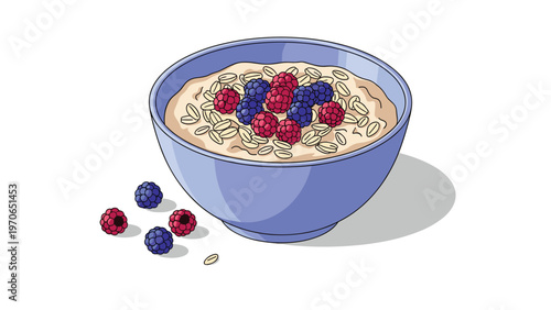 Nutritious bowl of hot oatmeal topped with fresh raspberries and blueberries, served in a light blue ceramic bowl on white.