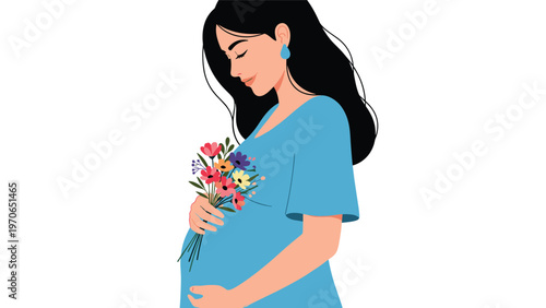 Beautiful illustration of a pregnant woman in a blue dress gently holding a bouquet of colorful flowers over her baby bump.
